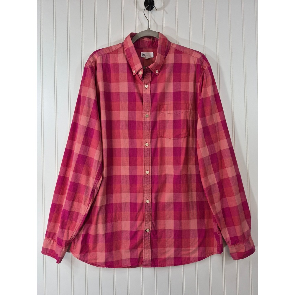 Gap Mens XL Slim Fit Button Down Shirt Pink Red Plaid Check Long Sleeve Cotton